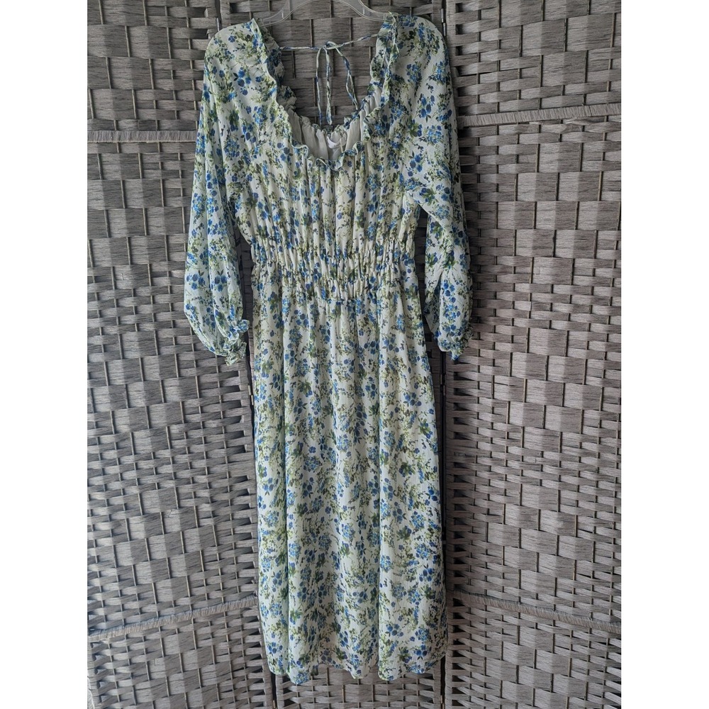 Mango MNG Midi Dress Blue Floral Smocked Waist Long Sleeve 10 Cottage Prairie